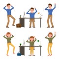 Angry, stressed, desperate, mad office man and woman vector illustration. Shouting, pointing finger, talking on phone boy and girl