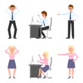 Angry, stressed, desperate office boy, girl vector. Shouting, pointing, screaming, sitting at desk male, female cartoon character