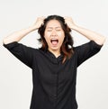 Angry Stressed and Pull Hair of Beautiful Asian Woman Isolated On White Background Royalty Free Stock Photo