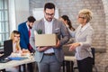 Angry strict dissatisfied female boss firing male incompetent employee