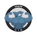 Angry strong shark. Shark bodybuilder with big biceps. Emblem fo