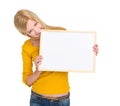 Angry student girl biting blank board Royalty Free Stock Photo