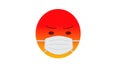 Angry, sullen red emoji in medical mask on white background. Negative emotions. Concept of the outbreak of the Covid19