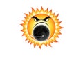 Angry sun character eclipsing moon with fiery rays and stormy expression Royalty Free Stock Photo