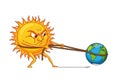 Angry sun character pulling earth with a rope, expressing frustration and effort Royalty Free Stock Photo