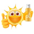 Happy Summer Sun Emoticon. Happy Sun Emoji with thumb up and sun lotion bottle in the Hand. Summertime Illustration.