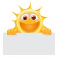 Happy Summer Sun Emoticon. Happy Sun Emoji with Banner Template. Add your Message to the empty space at the banner.