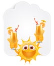 Happy Summer Sun Emoticon. Happy Sun Emoji with orange juices in the hands in front of cloud shaped banner Royalty Free Stock Photo