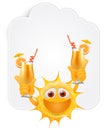 Happy Summer Sun Emoticon. Happy Sun Emoji with orange juices in the hands in front of cloud shaped banner