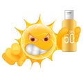 Evil Summer Sun Emoticon. Angry Sun Emoji pointing at you with sun lotion bottle in the Hand. Royalty Free Stock Photo