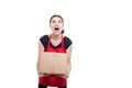 Angry supermarket clerk screaming with rage Royalty Free Stock Photo