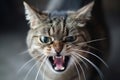 Angry tabby cat hissing in attempt to scare away an assaulter. Aggressive cat hisses with it\'s mouth open, showing fangs Royalty Free Stock Photo