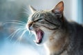 Angry tabby cat hissing in attempt to scare away an assaulter. Aggressive cat hisses with it\'s mouth open, showing fangs Royalty Free Stock Photo