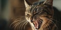 Angry tabby cat hissing in attempt to scare away an assaulter. Aggressive cat hisses with it\'s mouth open, showing fangs