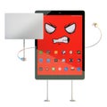 Angry Tablet cartoon character with blank banner. 3D illustration. Contains clipping path