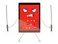 Angry Tablet cartoon character with katana sword. 3D illustration. Contains clipping path