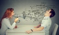 Angry teacher with megaphone shouting at scared student blown away by wave of science formulas