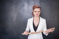 Angry teacher with wooden stick on blackboard Royalty Free Stock Photo