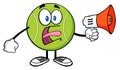 Angry Tennis Ball Cartoon Mascot Character An Announcement Into A Megaphone