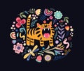 Angry tiger king in crown roaring with open mouth at blossom rounded frame vector flat illustration