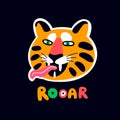 Angry tiger muzzle with open mouth tongue rooar inscription vector flat illustration clothes print