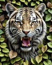angry tiger snarling or roaring with anger through forest leaves background