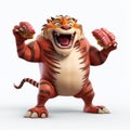 Angry Tiger With Steak And Fries: A High-quality Photo In Octane Render Style