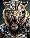 angry tiger warrior snarling or roaring with anger