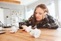 angry and tired child girl having problems with home work Royalty Free Stock Photo