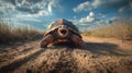 Giant Tortoise on Dirt Road, Open Mouth, Desert Landscape, Blue Sky Royalty Free Stock Photo