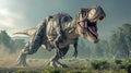 Angry Tyrannosaurus rex roars in prehistoric plains, its mighty presence dominating the landscape, Ai Generated