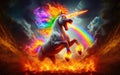 Angry unicorn. White unicorn with a pink and white mane and tail emits a rainbow