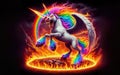 Angry unicorn. White unicorn with a pink and white mane and tail emits a rainbow