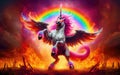 Angry unicorn. White unicorn with a pink and white mane and tail emits a rainbow