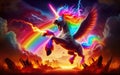 Angry unicorn. White unicorn with a pink and white mane and tail emits a rainbow