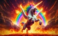 Angry unicorn. White unicorn with a pink and white mane and tail emits a rainbow