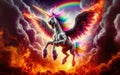 Angry unicorn. White unicorn with a pink and white mane and tail emits a rainbow