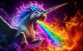 Angry unicorn. White unicorn with a pink and white mane and tail emits a rainbow