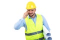 Angry upset young construction engineer yeling at the phone Royalty Free Stock Photo