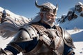 Angry viking in armor on snow background. Generative AI