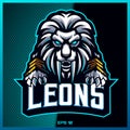 Angry white lion grab text esport and sport mascot logo design in modern illustration concept for team badge, emblem and thirst