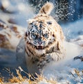 Angry White Tiger running in the snow in wild winter nature. Big snow tiger prowls the tundra - AI generated Royalty Free Stock Photo