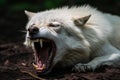 an angry white wolf with its mouth open