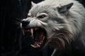 an angry white wolf with its mouth open