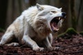 an angry white wolf with its mouth open in the woods
