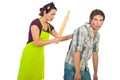 Angry wife beat her drunk unfaithful husband Royalty Free Stock Photo