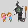 Angry witch scaring kids.3D