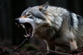 an angry wolf with its mouth open in the woods Royalty Free Stock Photo