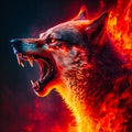 Angry wolf in red fire fantasy photorealistic, generative AI