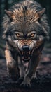 Angry Wolf Walking Towards the Camera. Generative AI